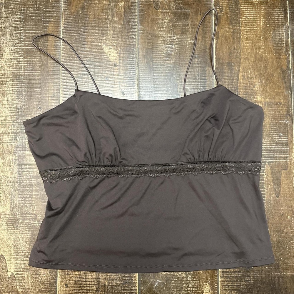 Wild Fable Brown lace trim crop top Cami with spaghetti straps